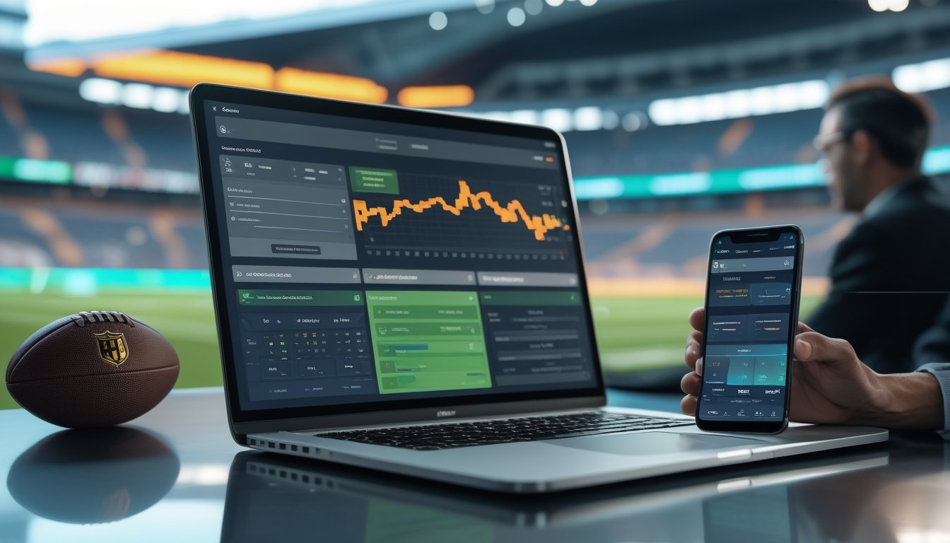 Orang dewasa meninjau statistik pertandingan sepak bola melalui laptop dan ponsel di ruang kerja modern.