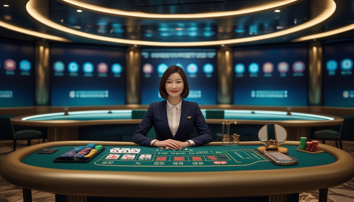 Dealer kasino duduk di meja permainan dengan kartu, chip, dan roda roulette di studio modern.