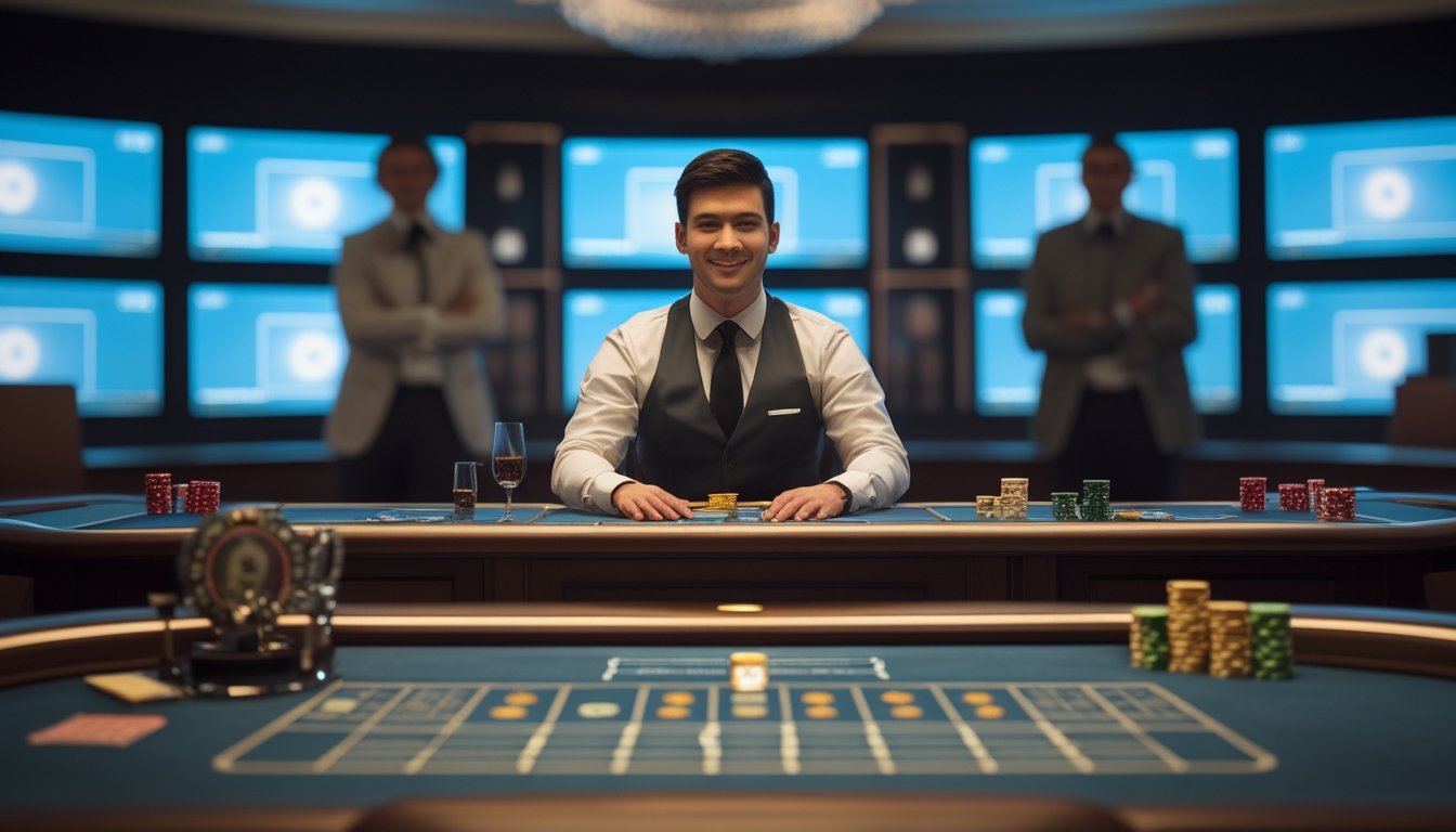 Dealer profesional berada di meja kasino dengan roda roulette, kartu, dan keping taruhan dalam suasana studio modern.