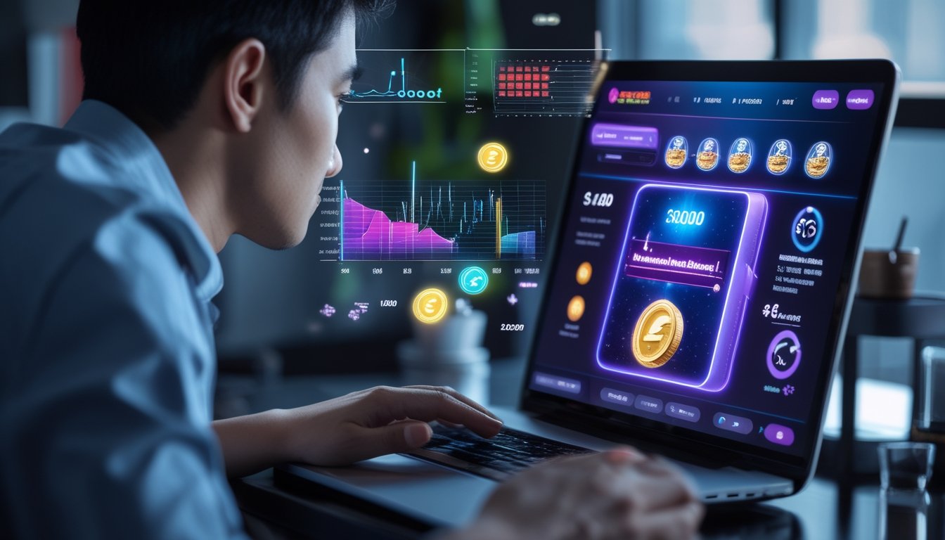 Seorang dewasa melihat antarmuka permainan slot digital di laptop dalam suasana ruang kerja modern dengan grafik abstrak dan ikon koin.