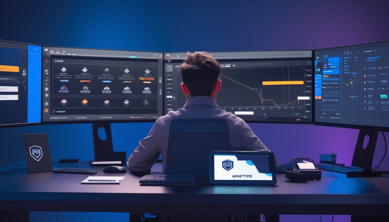 Orang dewasa menganalisis beberapa layar turnamen esports dan data taruhan di ruang gaming modern.