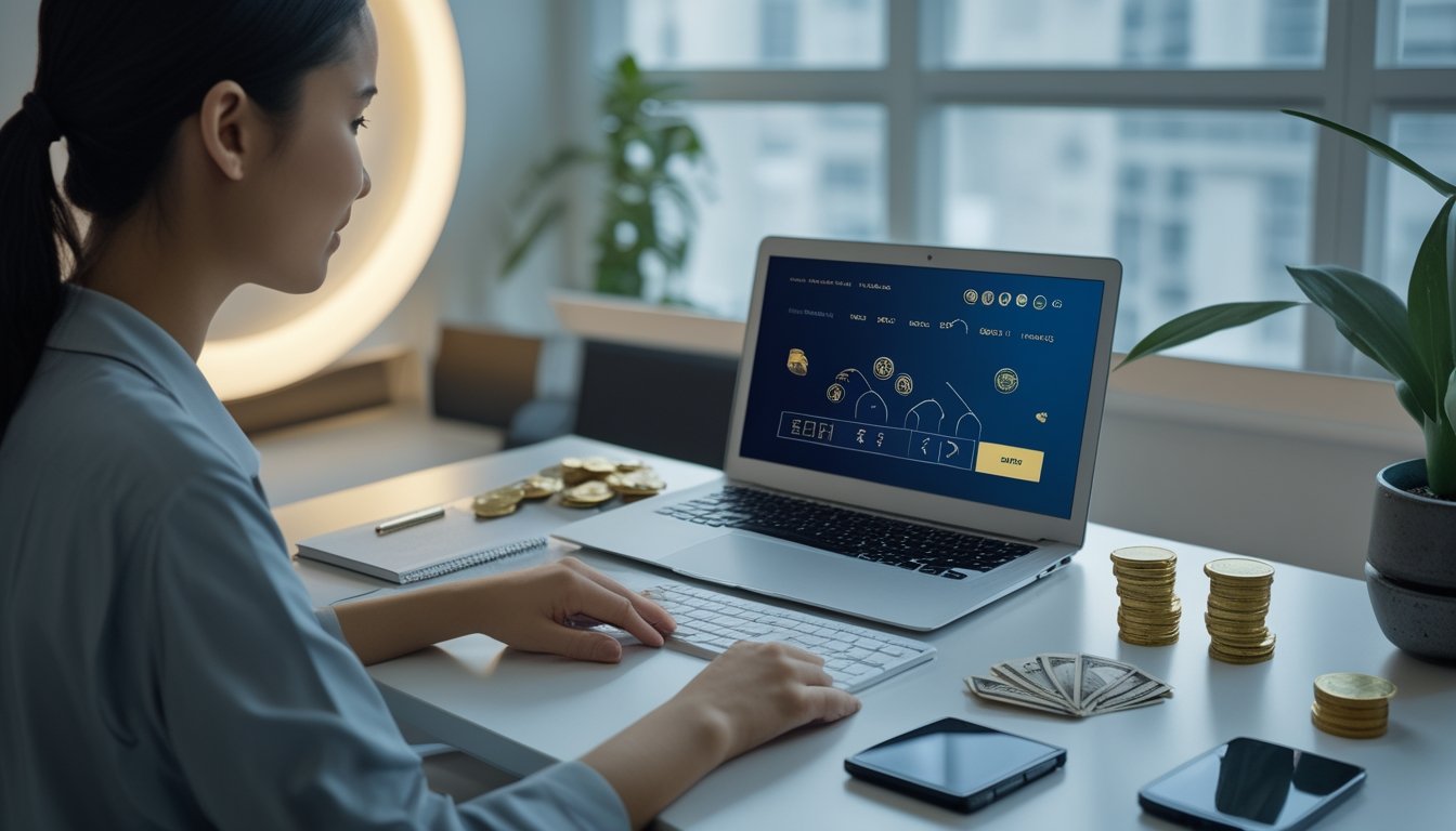 Orang dewasa meninjau sejumlah kecil uang, ponsel, dan laptop di meja kerja modern dengan simbol peluang hadiah.