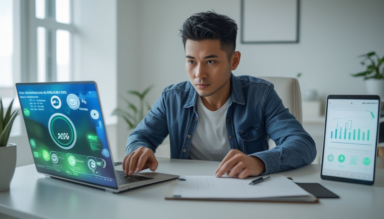 Seseorang menganalisis grafik dan indikator data di laptop sebelum mengambil keputusan taruhan online.