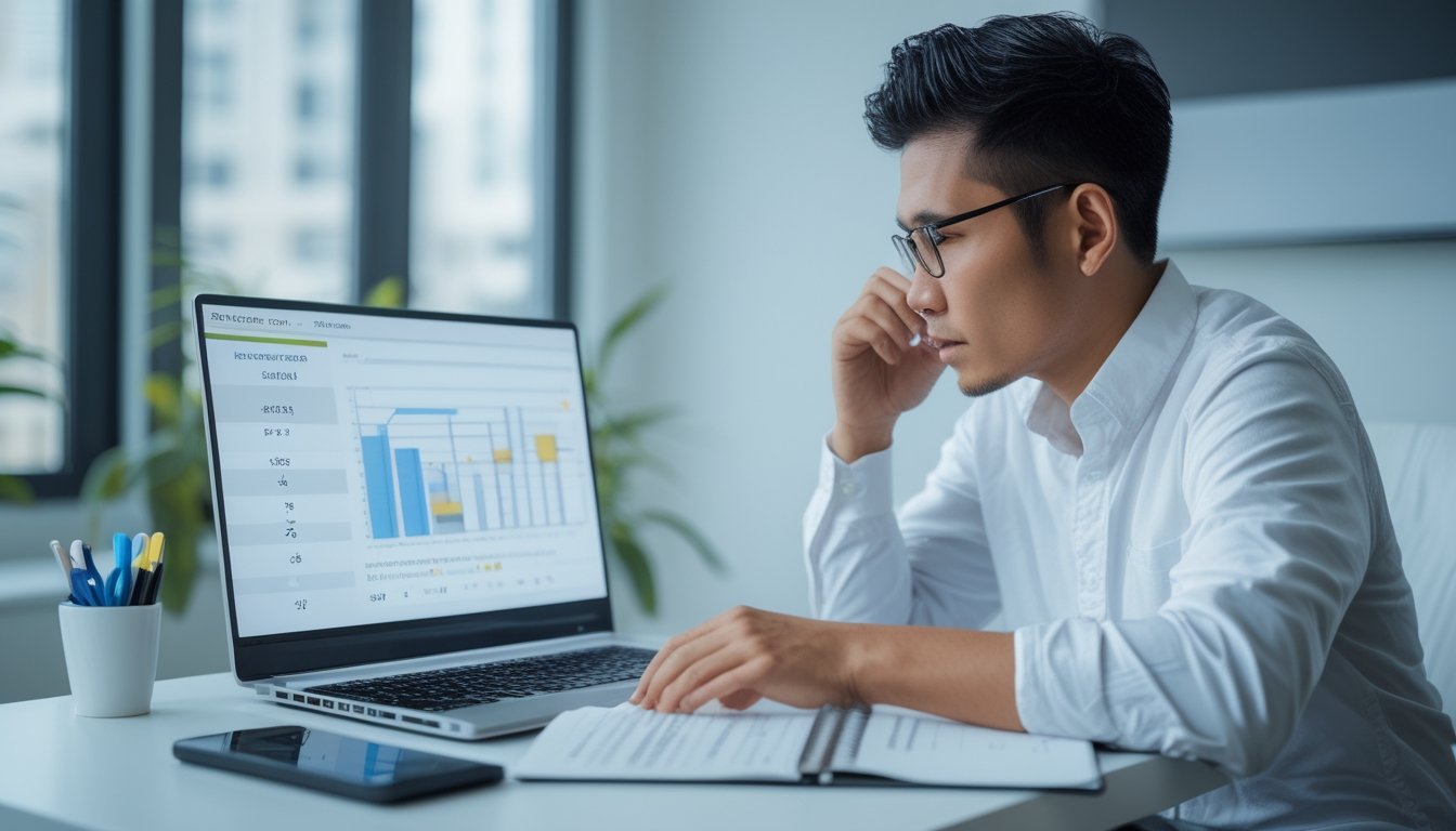 Seseorang menganalisis data RTP pada laptop sebelum mengambil keputusan taruhan online.