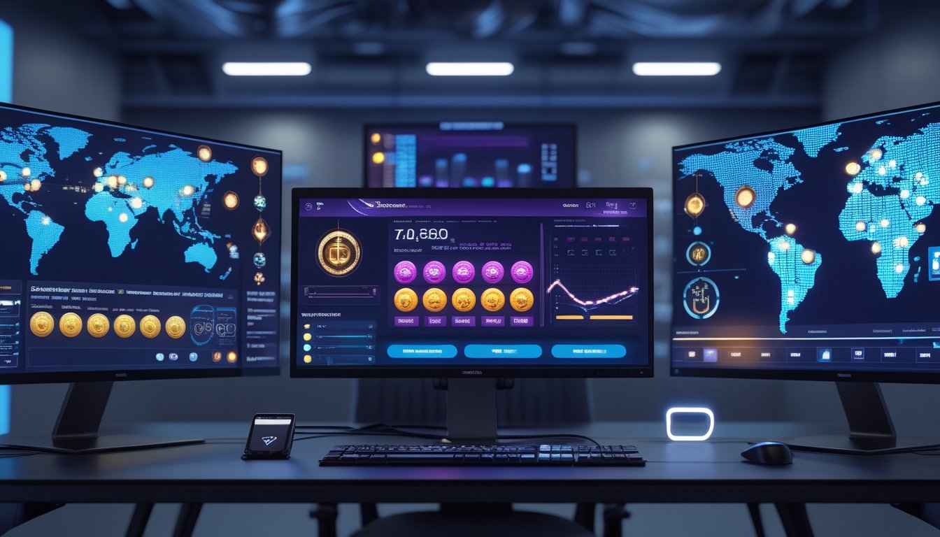 Ruang kerja modern dengan beberapa monitor yang menampilkan antarmuka permainan digital, grafik kinerja langsung, jaringan global, dan ikon keamanan.