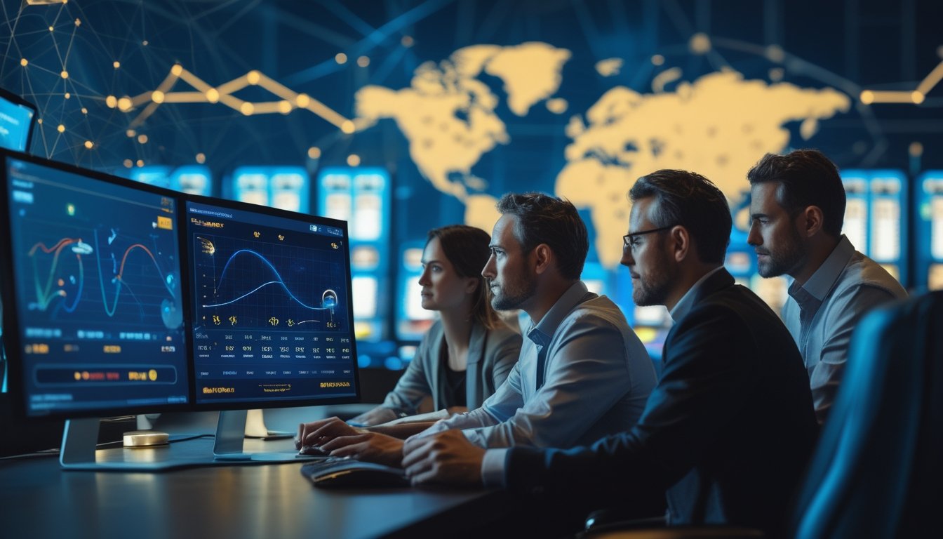 Analis dewasa memeriksa grafik statistik permainan digital di ruang kerja modern dengan latar jaringan global.