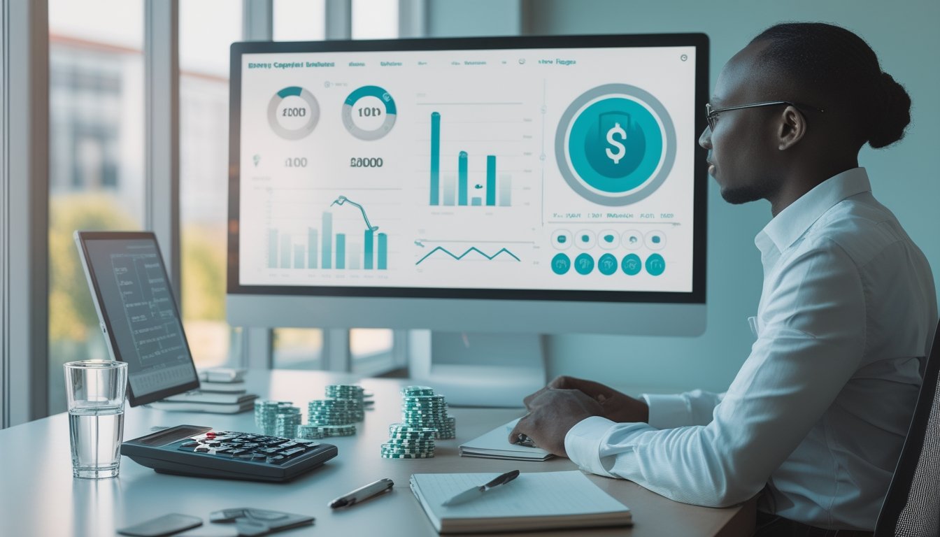Seorang analis memeriksa grafik probabilitas abstrak di meja kerja dengan kalkulator, token netral, dan buku catatan kosong.