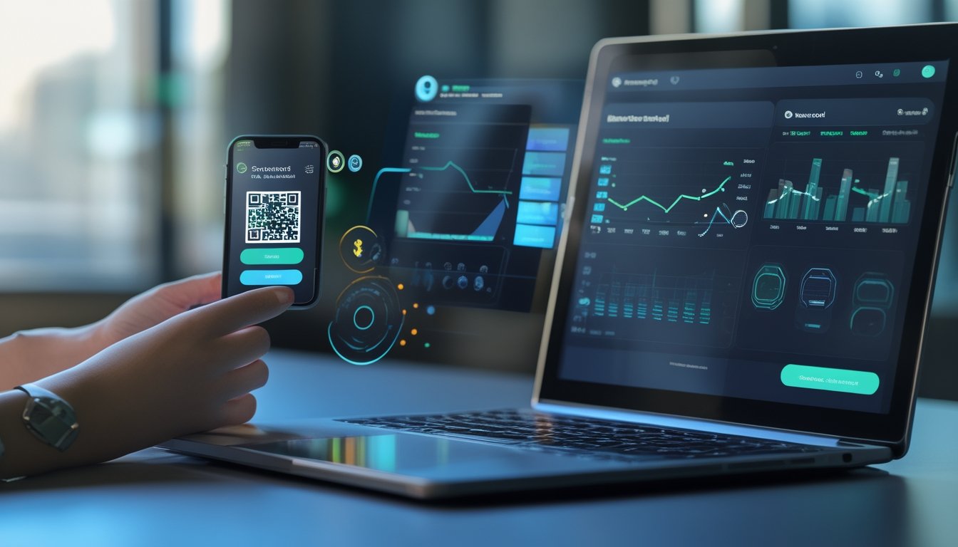 Ponsel dengan kode QR pembayaran dan layar analitik digital di meja kerja modern.