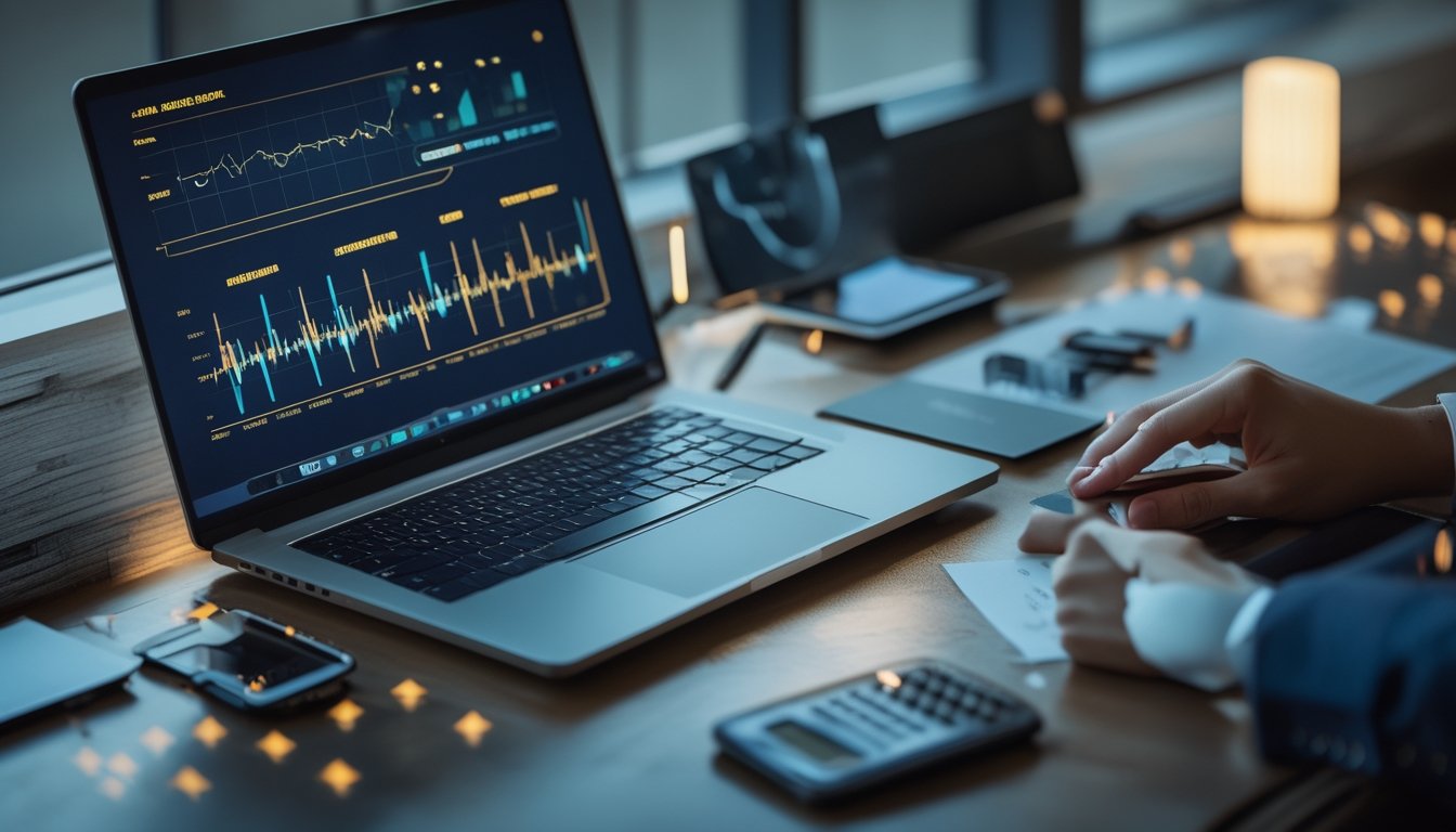 Laptop dan ponsel menampilkan grafik analisis peluang serta antarmuka pembayaran digital abstrak di atas meja kerja modern.