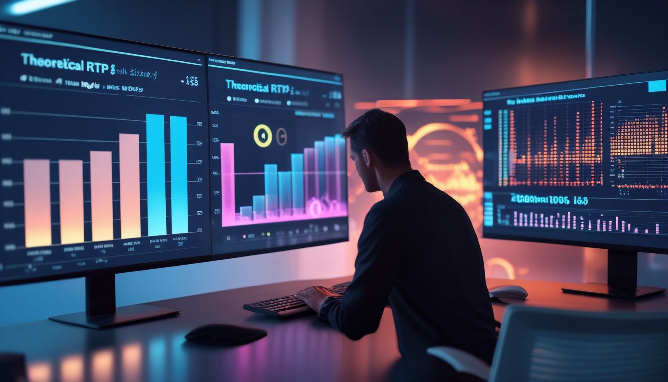 Seorang analis meninjau grafik statistik dan hasil permainan slot secara langsung pada monitor komputer.