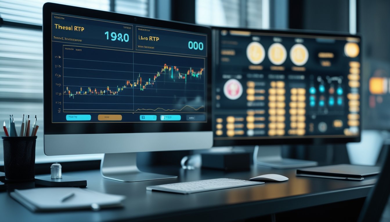 Meja kerja modern dengan monitor yang menampilkan grafik stabil dan grafik berfluktuasi untuk membandingkan data RTP teoritis dan RTP live.
