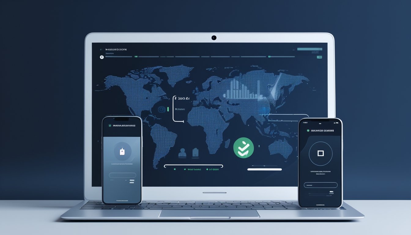Laptop dan ponsel menampilkan antarmuka digital abstrak dengan simbol keamanan dan konektivitas global.