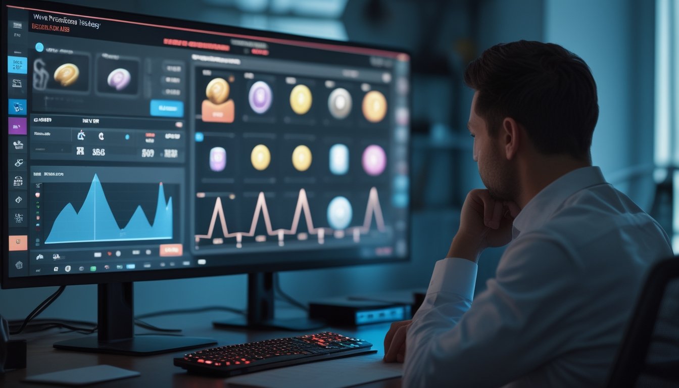 Seseorang menganalisis permainan slot online dan grafik fluktuasi di depan komputer.