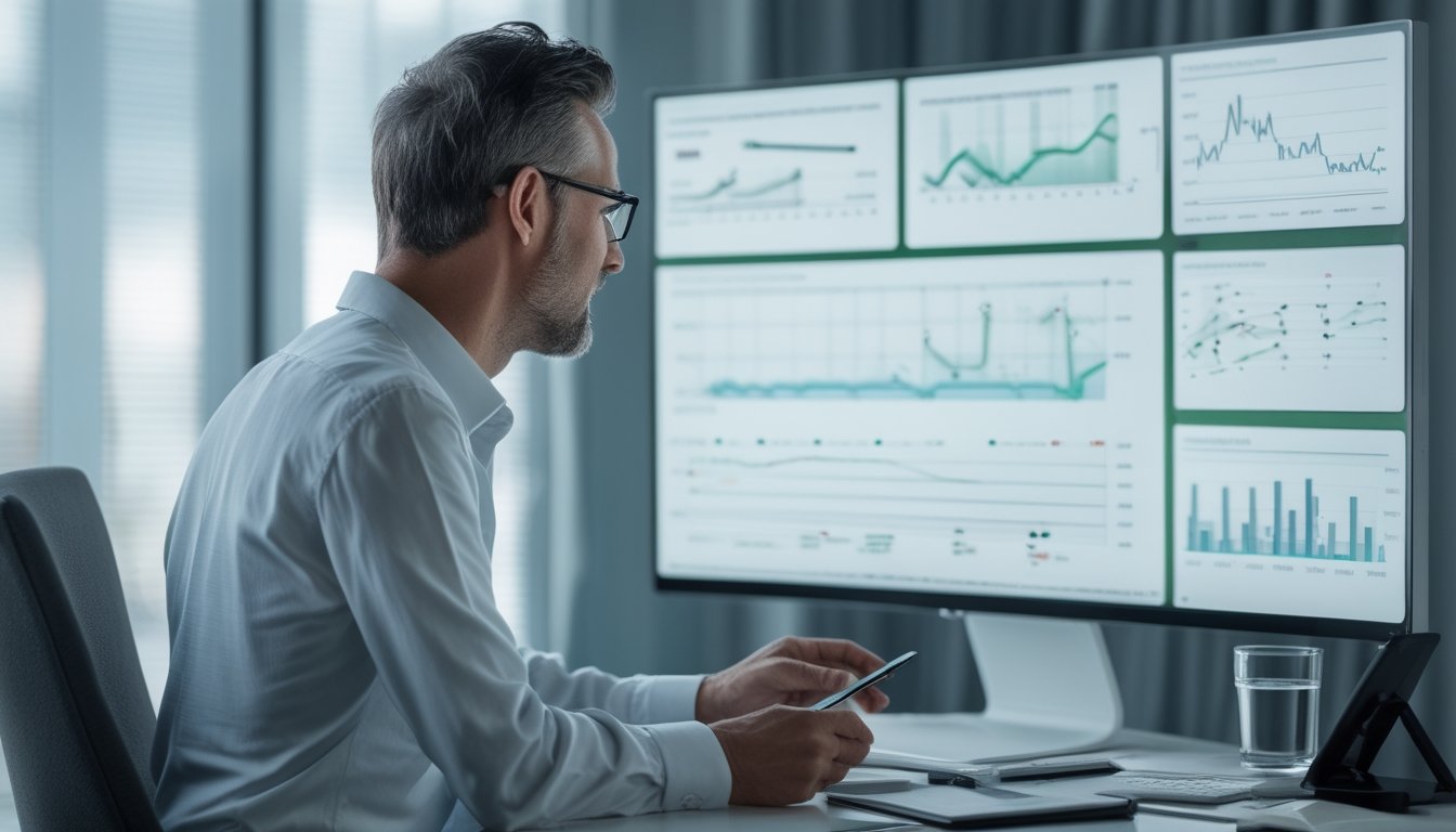 Seorang analis meninjau grafik statistik dan tren probabilitas di ruang kerja modern.