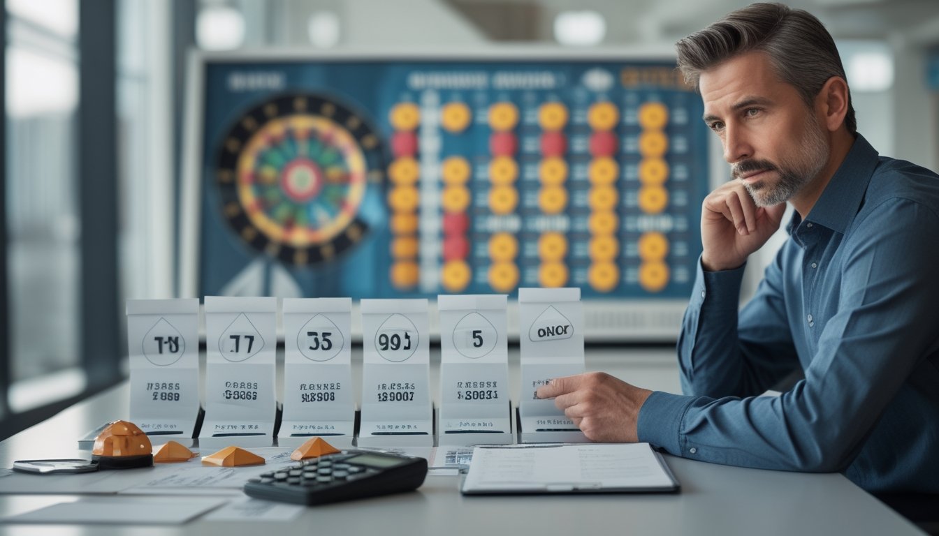 Seorang analis mempelajari grafik probabilitas dan token angka di meja kerja modern.