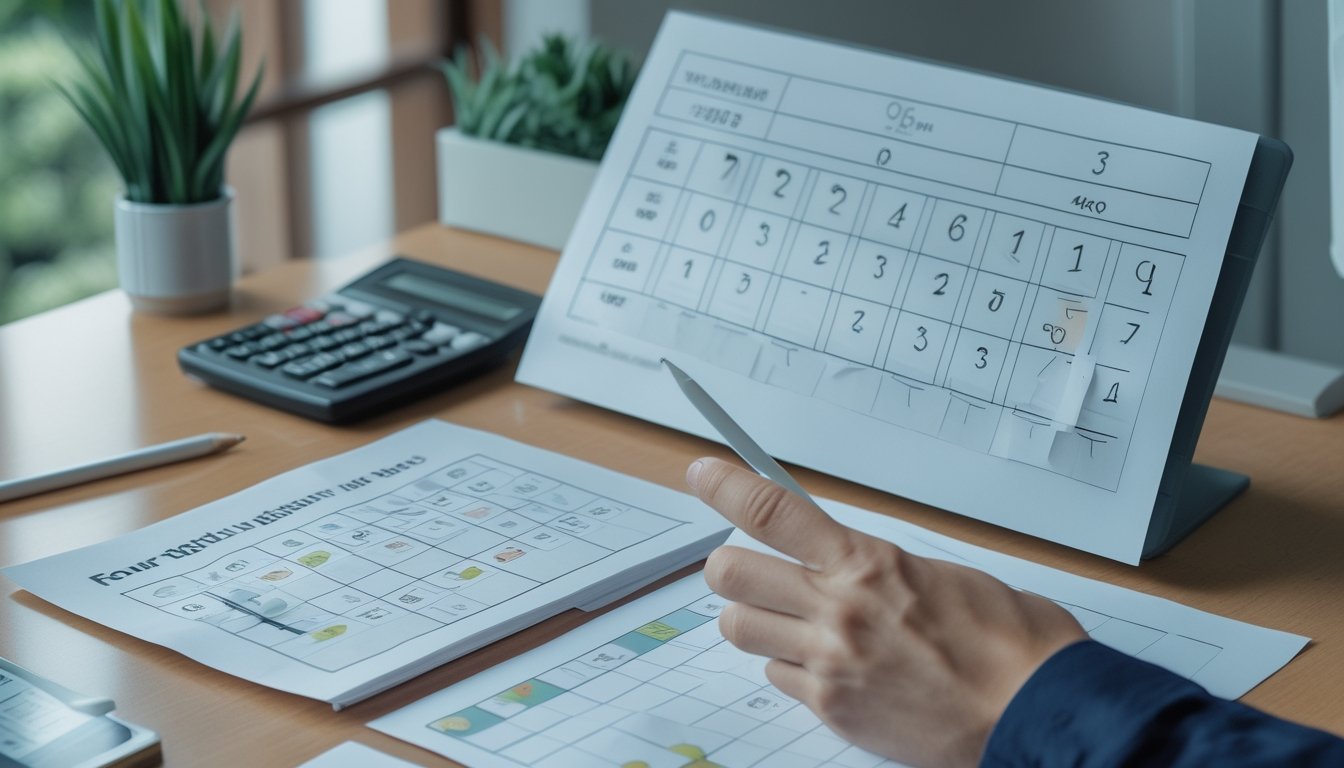 Seorang pemula mempelajari kombinasi angka dan konsep probabilitas di meja belajar.