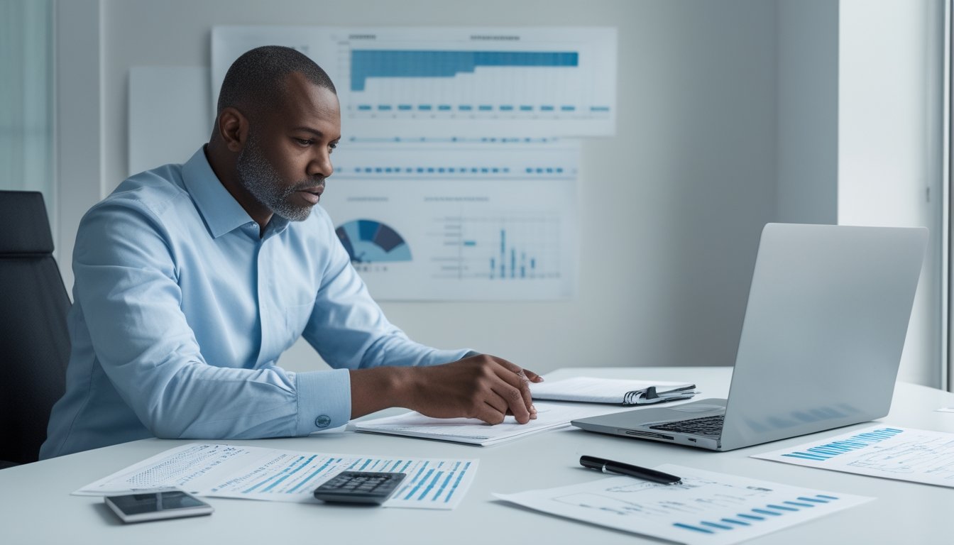 Seorang analis memeriksa grafik dan tabel data di meja kerja modern.