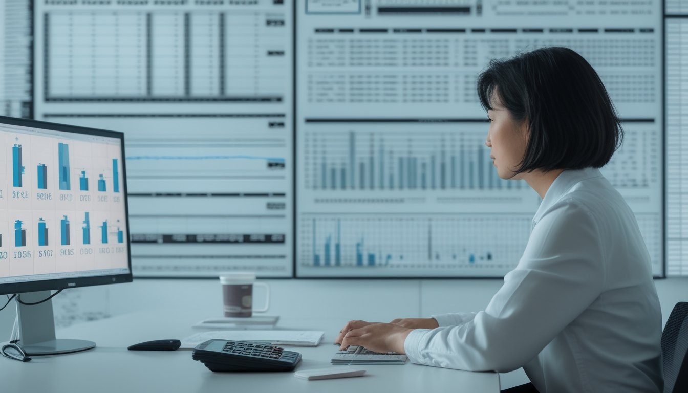Seorang analis meninjau grafik dan rangkaian angka empat digit di meja kerja modern.