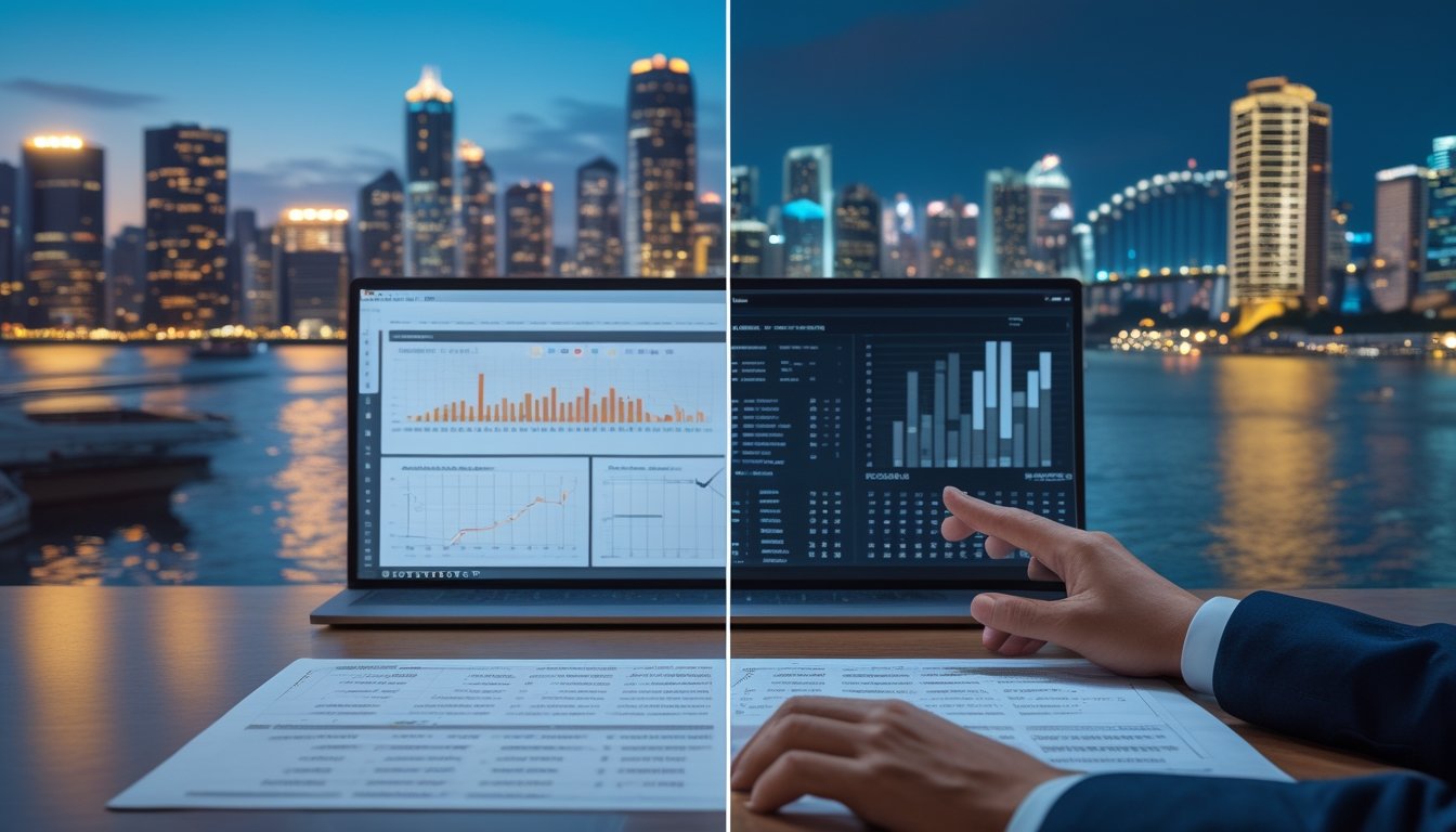 Analis meninjau grafik abstrak dengan latar cakrawala Hong Kong dan Sydney.