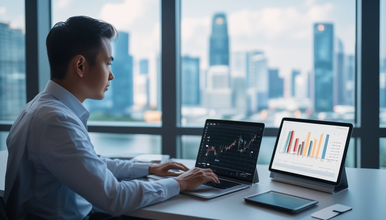 Analis dewasa meninjau grafik data abstrak di laptop dan tablet dengan latar kota Singapura.