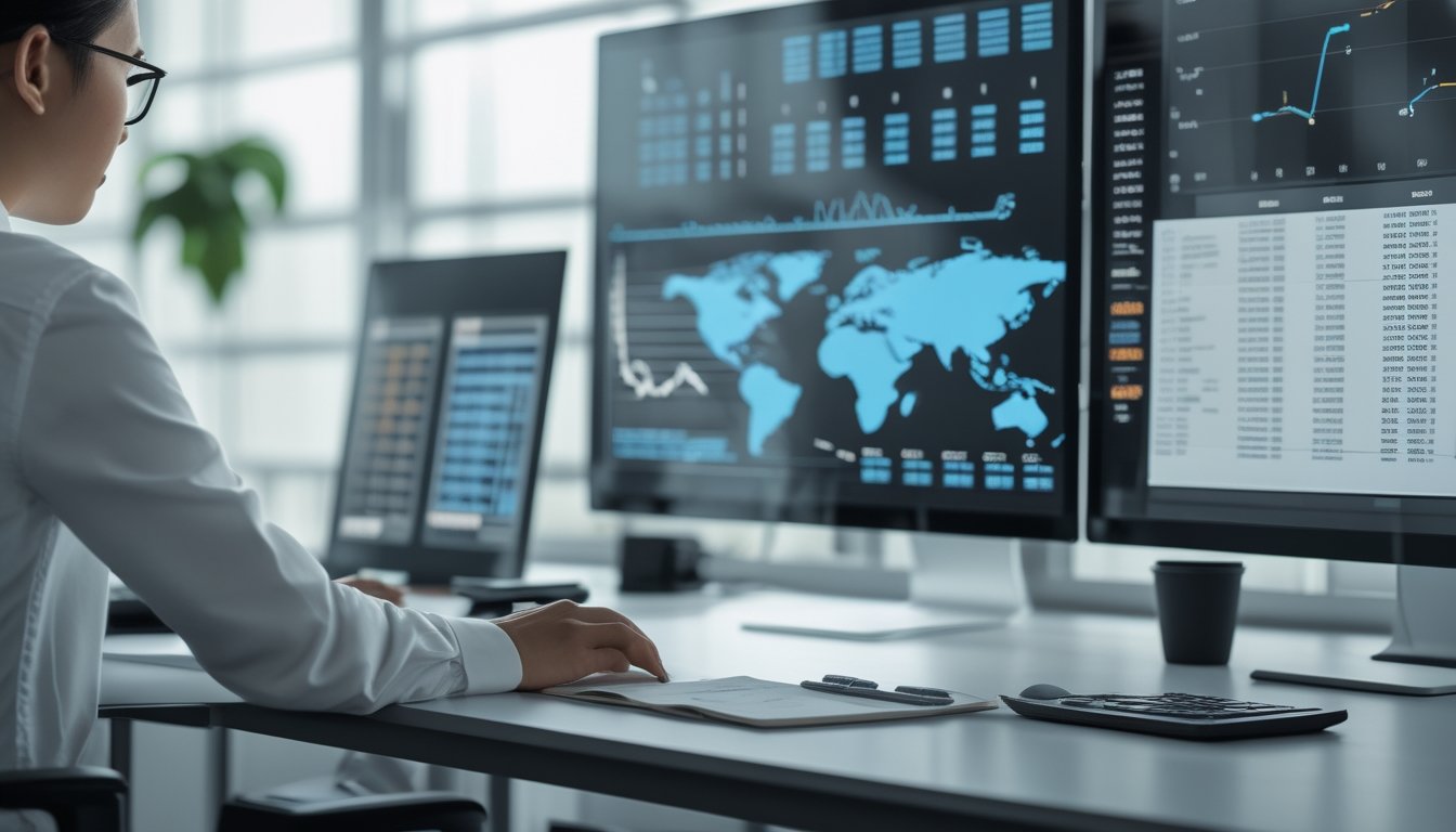 Seorang analis mengamati grafik statistik abstrak di ruang kerja modern.