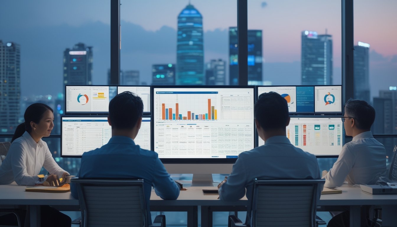 Sekelompok analis dewasa meninjau grafik statistik dan data pasar di kantor modern.