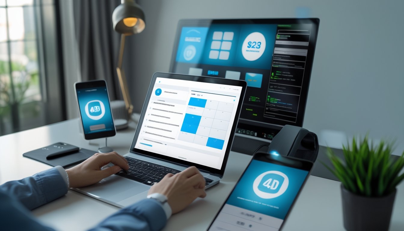 Seorang profesional menilai platform taruhan digital di laptop dengan simbol keamanan dan pembayaran tepercaya di meja kerja.