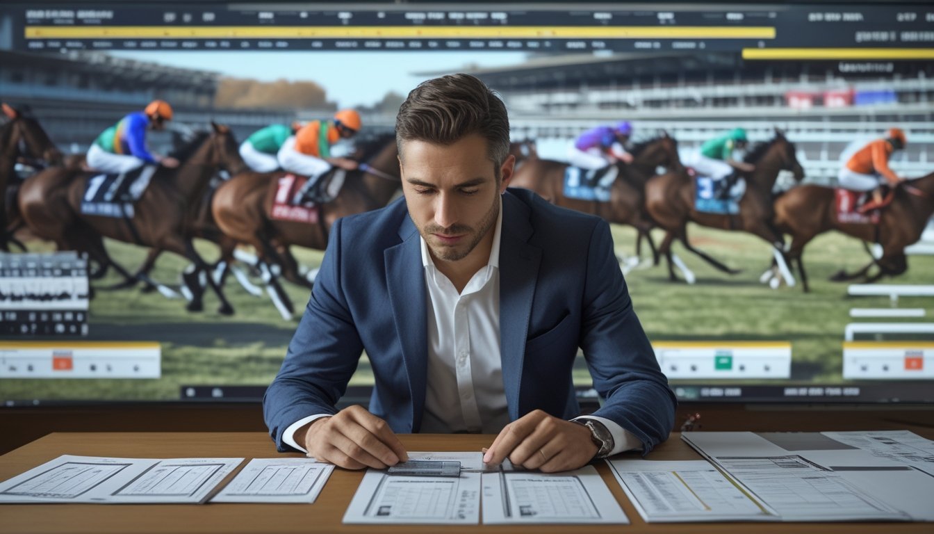 Seorang penjudi menganalisis data dan tiket taruhan sambil menyaksikan pacuan kuda.