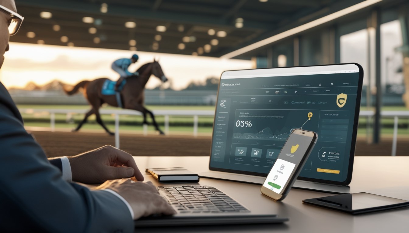 Seorang pengguna meninjau platform pacuan kuda digital yang aman dengan simbol perisai dan suasana arena pacuan kuda.