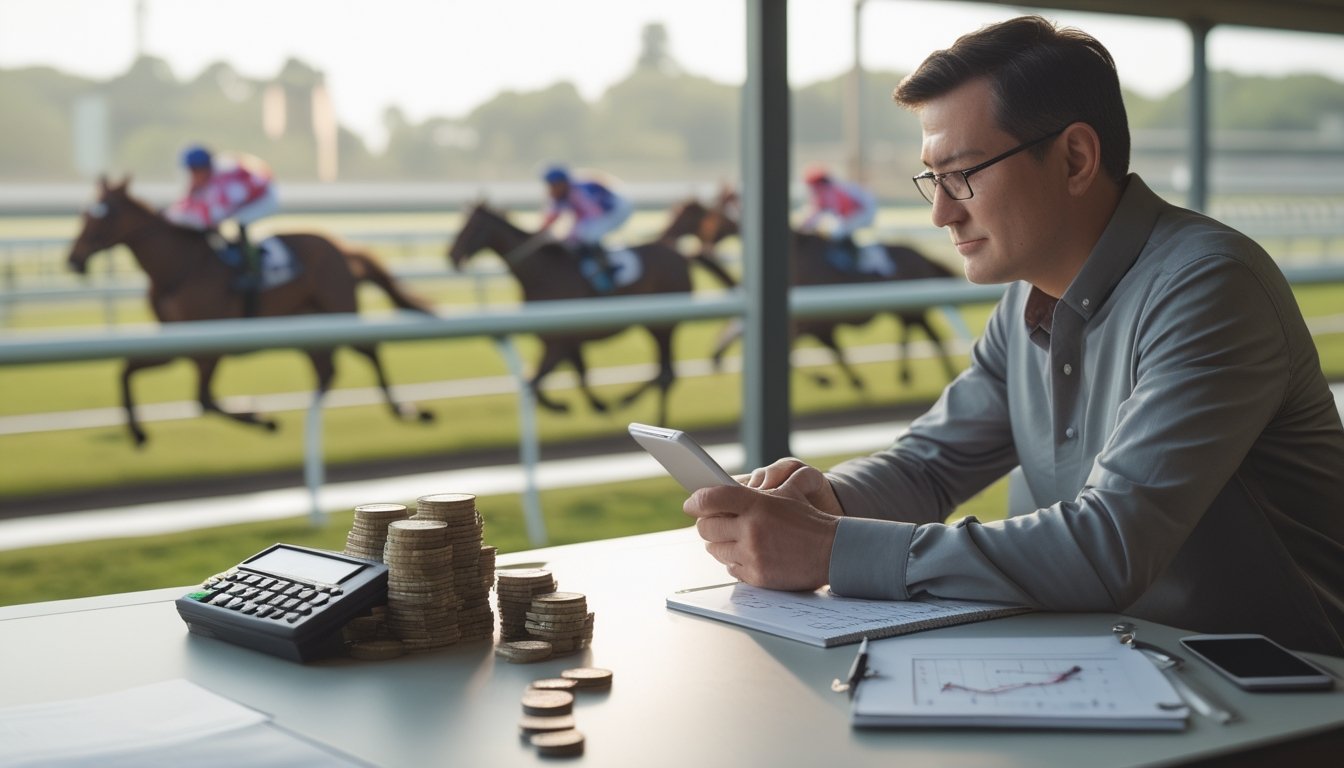 Seorang bettor menata koin dan perlengkapan pencatatan di meja dengan latar pacuan kuda yang samar.