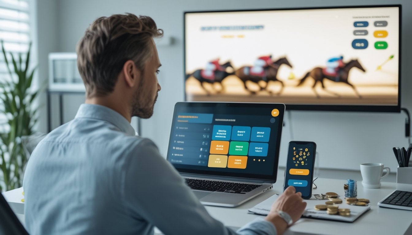 Seseorang menganalisis informasi pacuan kuda di laptop dengan simbol bonus pada ponsel di ruang kerja.