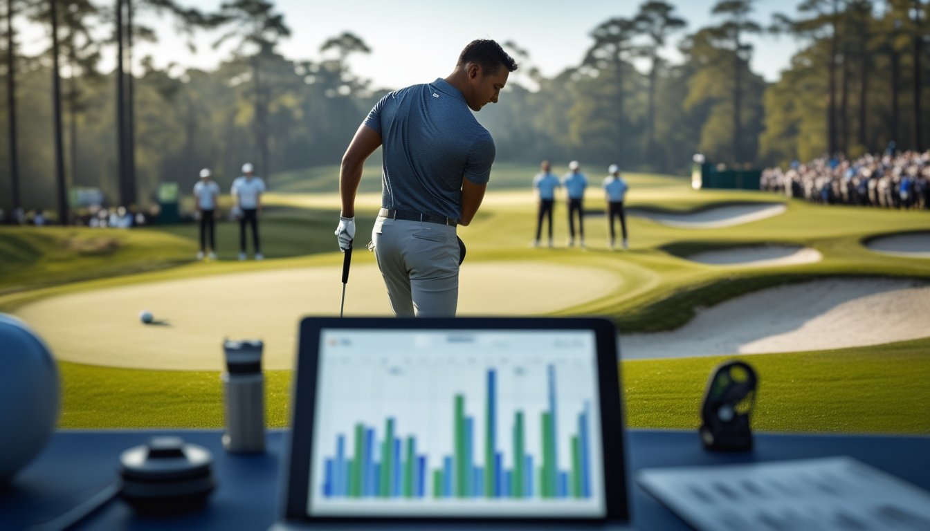 Pegolf profesional bersiap memukul bola di lapangan turnamen dengan pesaing dan suasana kompetisi di latar belakang.