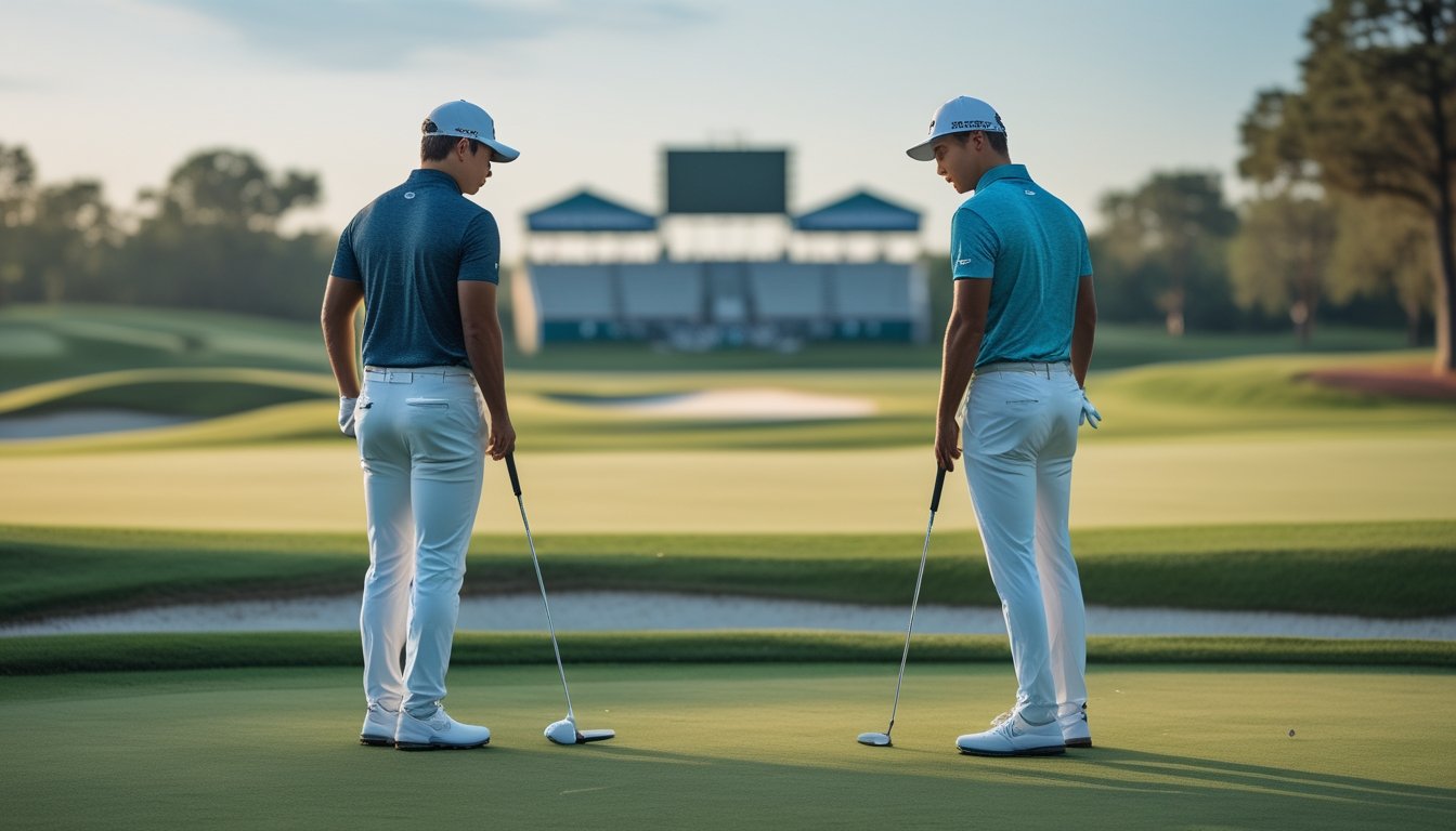 Dua pegolf profesional bersiap bertanding secara head-to-head di lapangan golf kejuaraan.