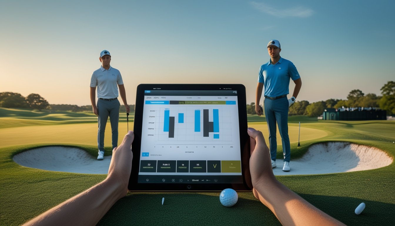 Dua pegolf profesional bersiap dalam pertandingan head-to-head di lapangan golf, sementara seorang analis mengamati data pertandingan.