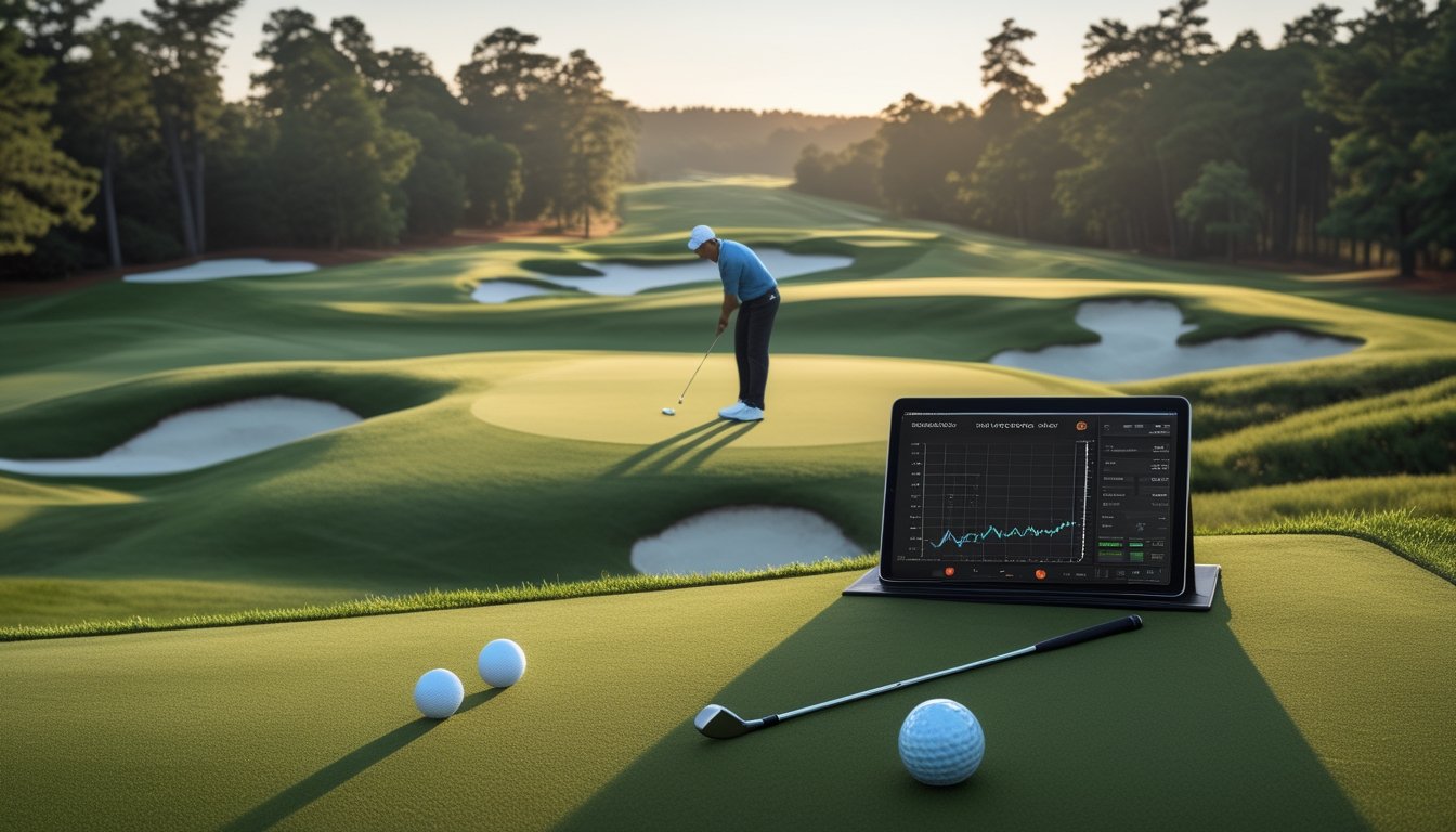 Pegolf profesional menganalisis pukulan dari tee menuju green di lapangan golf kejuaraan.