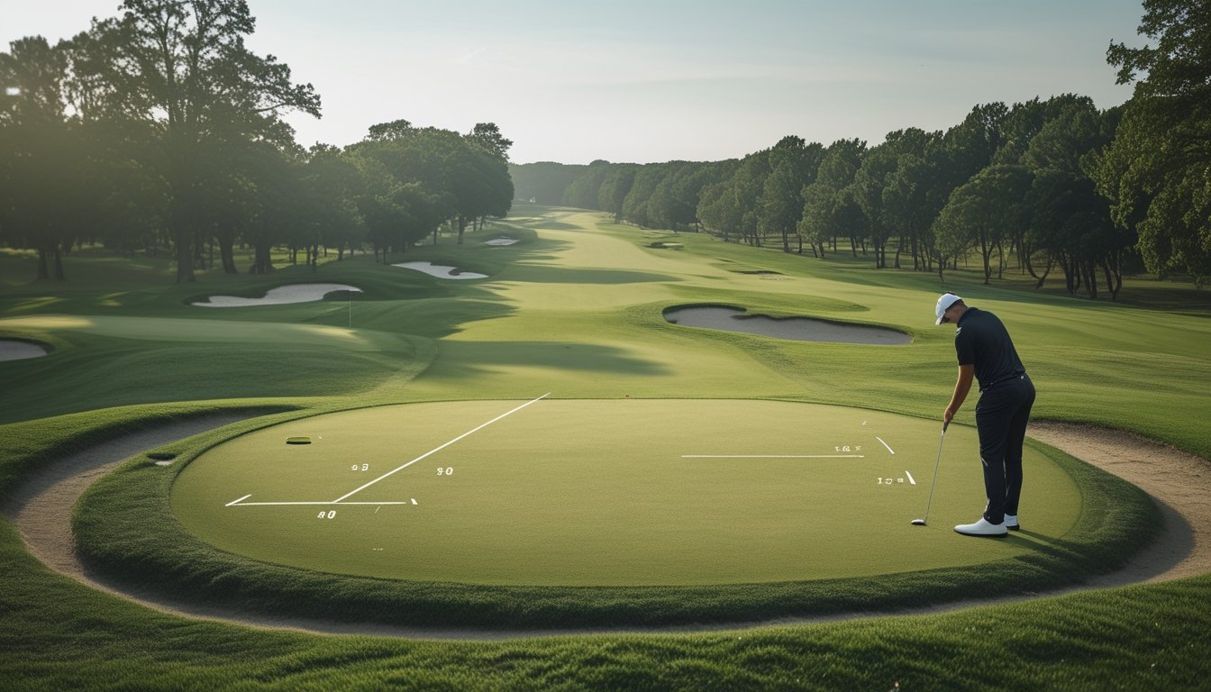 Pegolf profesional melakukan pukulan dari tee menuju green di lapangan golf kejuaraan, dengan jalur bola dan area permainan terlihat jelas.