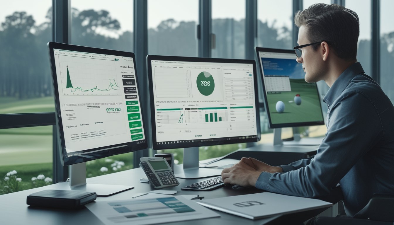 Analis olahraga meninjau data turnamen golf dan grafik analisis di meja kerja dengan lapangan golf terlihat di latar belakang.