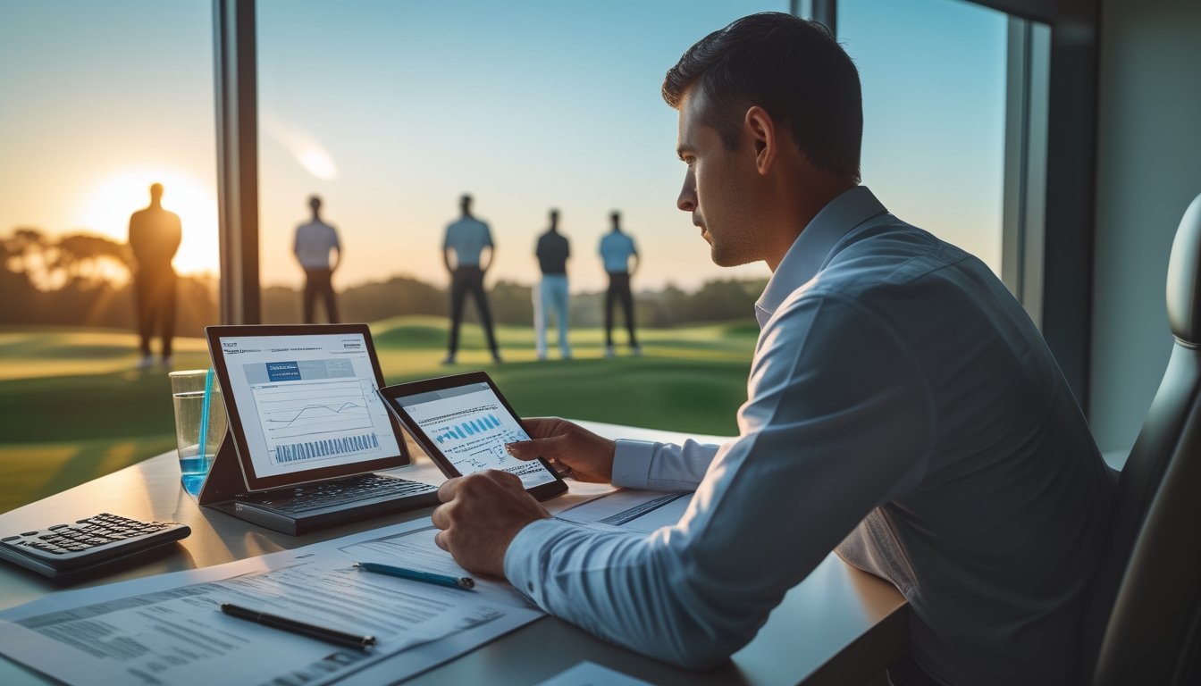 Seorang analis mempelajari data pertandingan golf dengan lapangan turnamen dan beberapa pegolf di latar belakang.