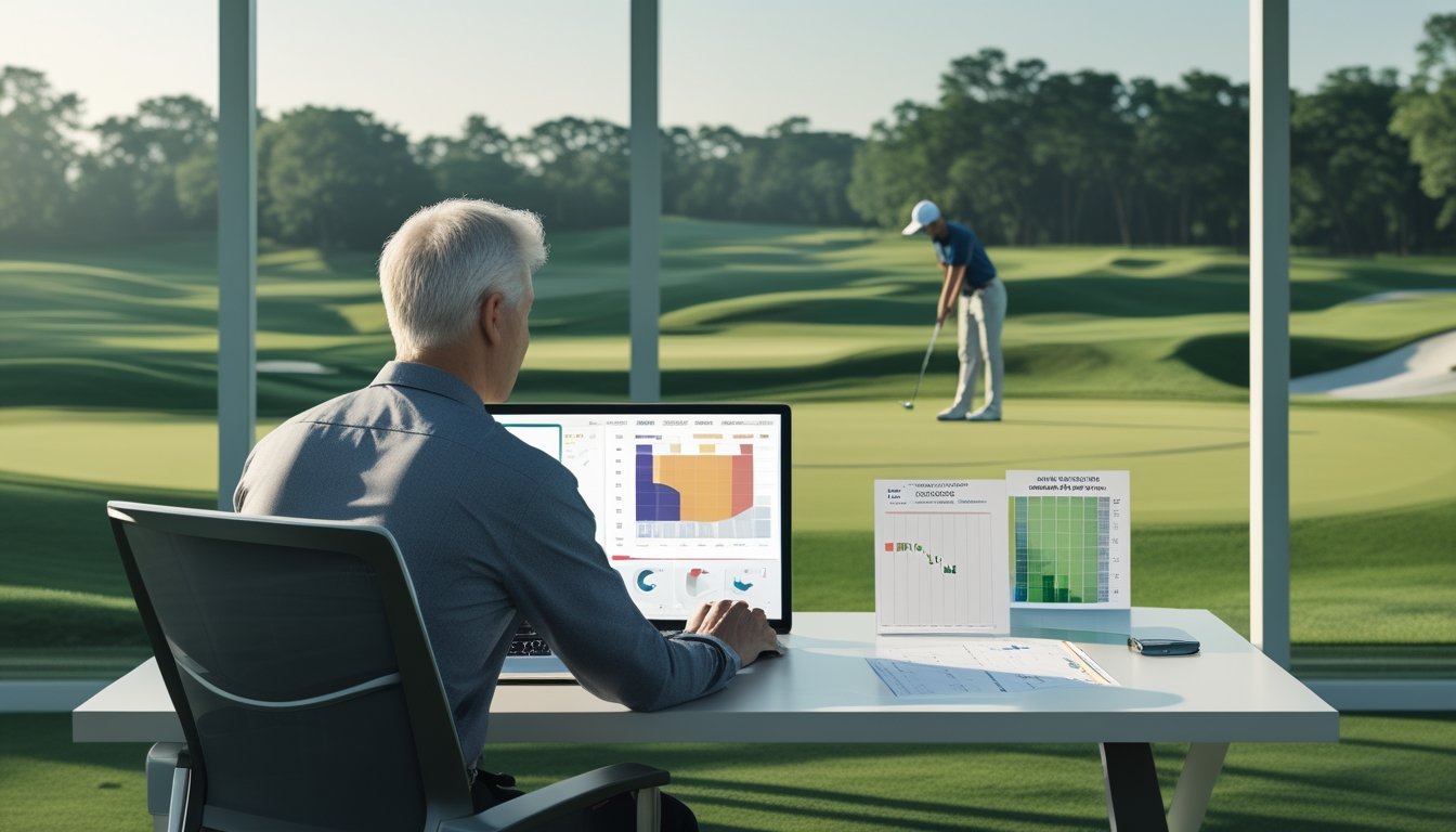 Analis golf mempelajari data permainan di meja dengan lapangan golf terlihat di latar belakang.