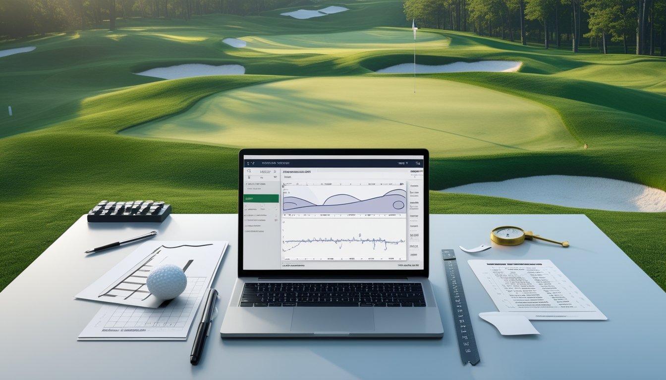 Meja analisis dengan laptop dan perlengkapan golf menghadap lapangan golf hijau yang terawat.