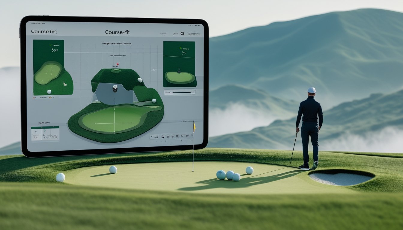 Pegolf dan caddie menganalisis area green lapangan golf sebelum melakukan pukulan pendekatan.