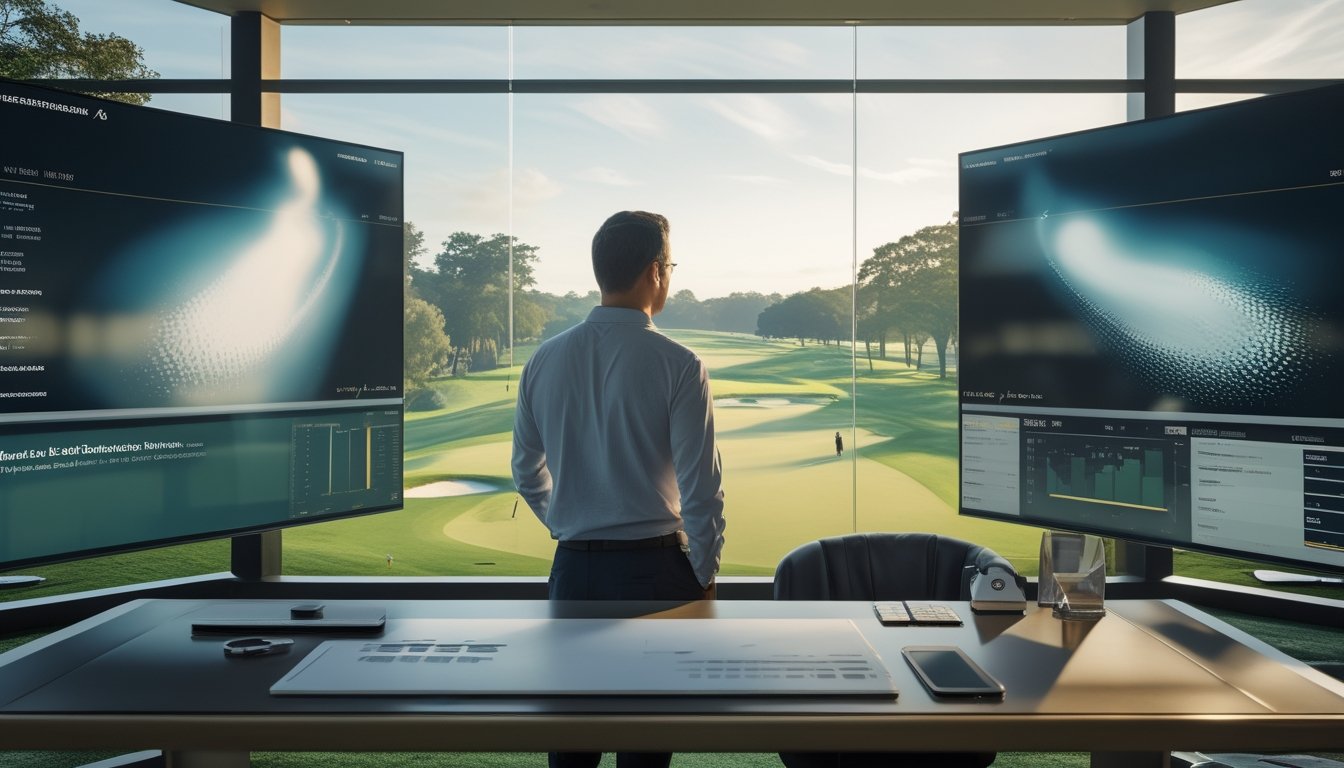 Seorang analis memantau data pertandingan golf langsung dari ruang modern yang menghadap lapangan turnamen.