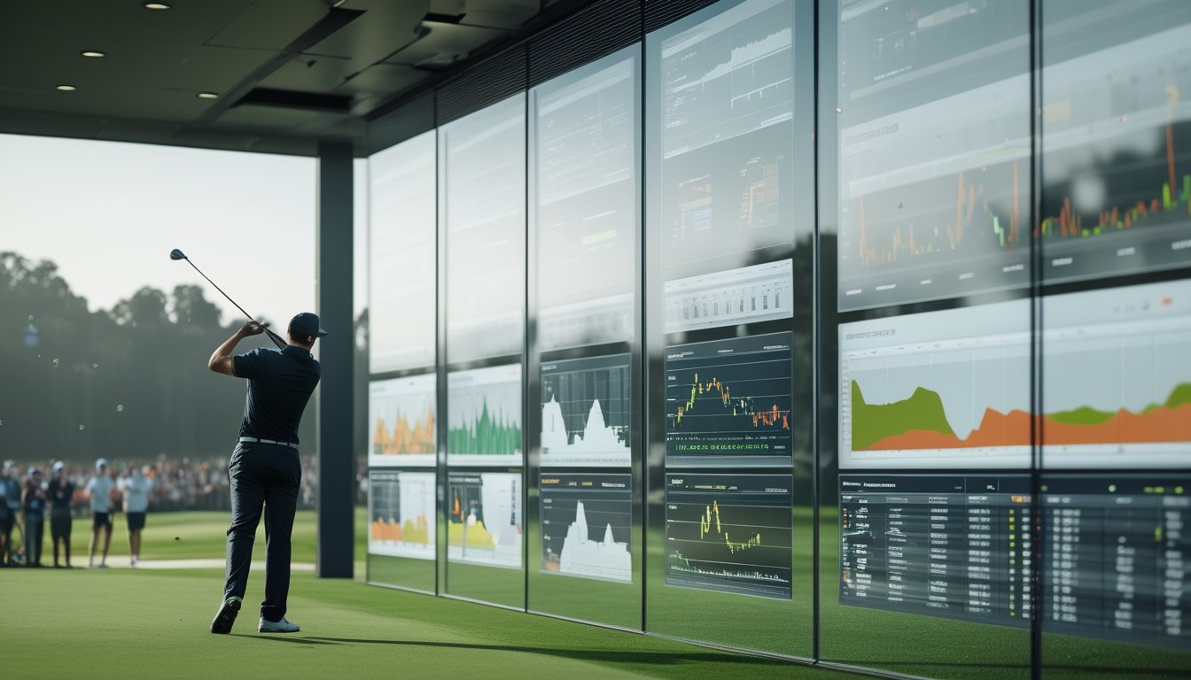 Analis memantau pertandingan golf langsung dan grafik data pasar dari ruang kerja yang menghadap lapangan golf.