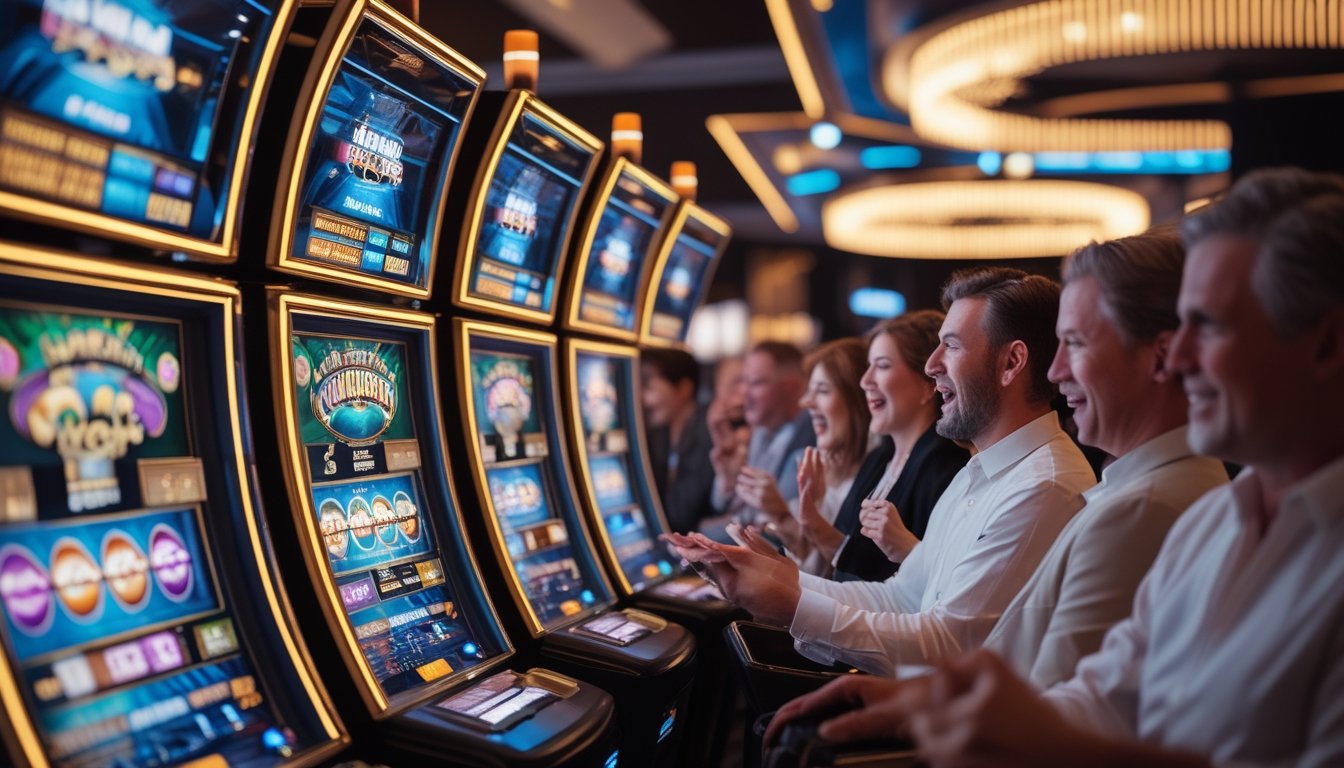 Pemain dewasa menikmati permainan mesin slot digital bercahaya di kasino modern.