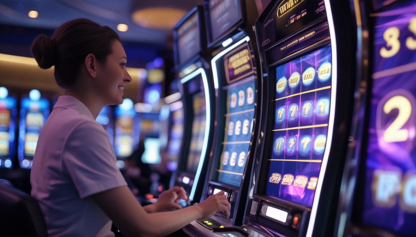 Pemain dewasa menantikan hasil pada mesin slot modern dengan pola garis pembayaran dan cahaya jackpot.