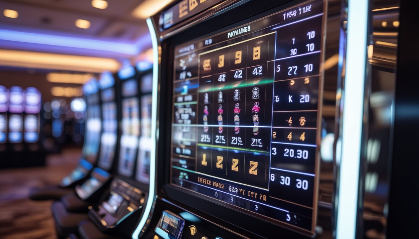 Mesin slot modern menampilkan pola paylines, simbol permainan, dan fitur wild pada layar paytable.