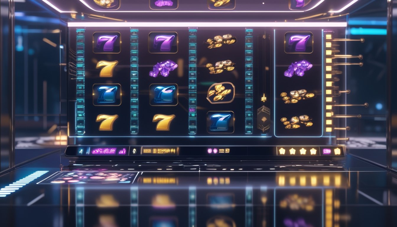 Tampilan permainan slot modern dengan gulungan yang bergerak dan kelompok simbol bercahaya yang saling terhubung.