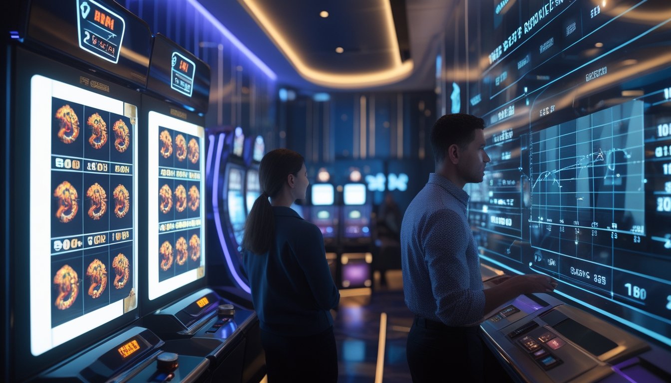 Seorang pemain dewasa dan analis mengamati mesin slot multi-payline dengan grafik pola dan waktu pada antarmuka holografik di ruang permainan modern.