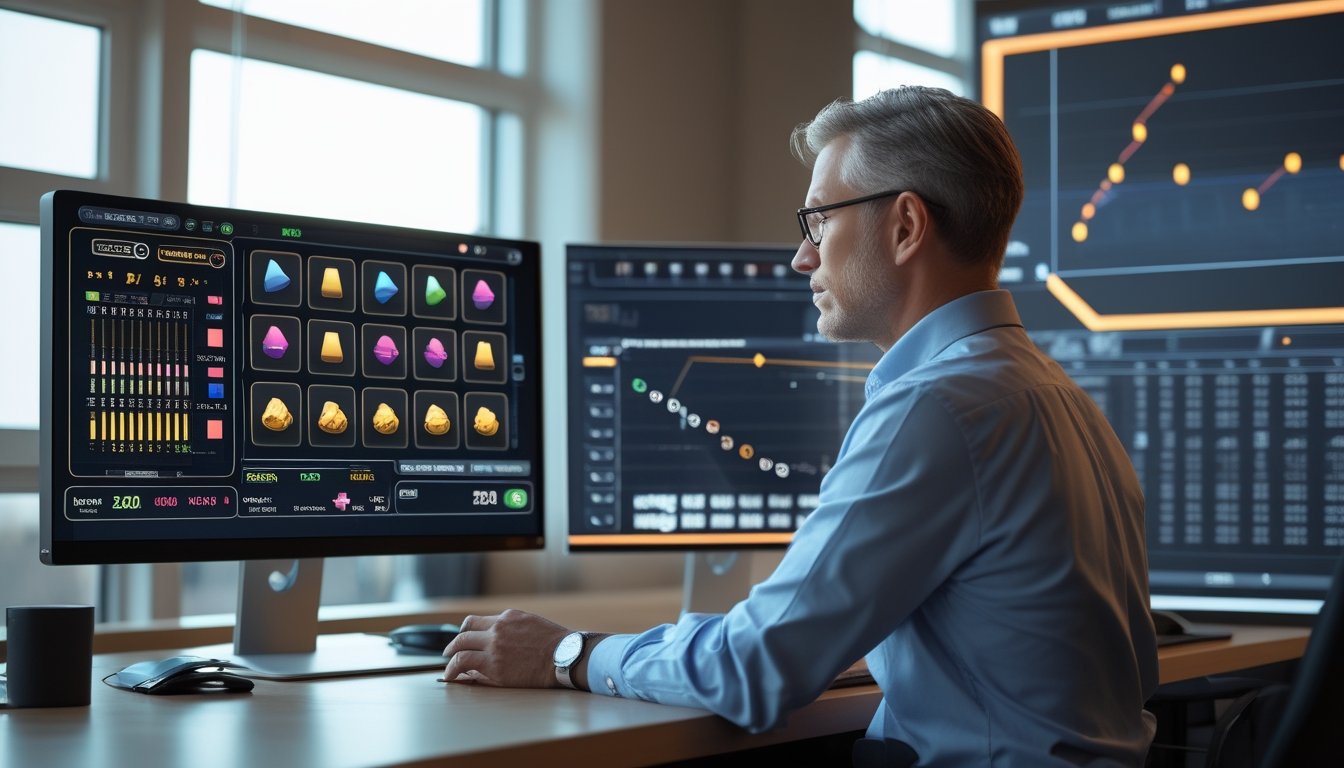 Seorang analis dewasa mempelajari grafik paylines dan varians permainan pada beberapa monitor.