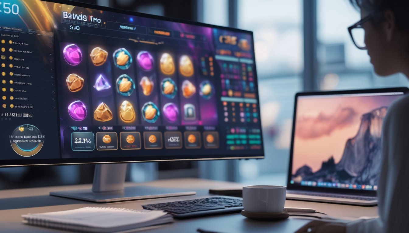 Meja kerja modern dengan layar permainan slot abstrak, grafik buram, token permainan, kalkulator, dan buku catatan kosong.